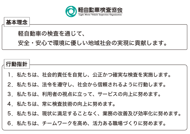 【基本理念】軽自動車の検査を通じて、安全・安心で環境に優しい地域社会の実現に貢献します。 【行動指針】1.私たちは、社会的責任を自覚し、公正かつ確実な検査を実施します。 2.私たちは、法令を遵守し、社会から信頼されるように行動します。 3.私たちは、利用者の視点に立って、サービスの向上に努めます。 4.私たちは、常に検査技術の向上に努めます。 5.私たちは、現状に満足することなく、業務の改善及び効率化に努めます。 6.私たちは、チームワークを高め、活力ある職場づくりに努めます。